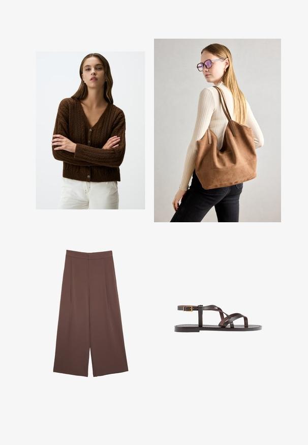 Cardigan lavorato a maglia marrone con scollo a V, polsini a costine e chiusura con bottoni. Presenta un motivo a trama e un design accorciato.; Top corto grigio scuro con scollatura a barca. Realizzato in tessuto a costine, presenta una vestibilità rilassata e un orlo pulito. Design semplice, senza motivi.; Pantaloni ampi marroni con una texture liscia, caratterizzati da una vita alta e pieghe frontali. Il tessuto è leggero e scorre liberamente.; Sandal in pelle marrone con cinturini incrociati, chiusura con cinturino alla caviglia e suola piatta con dettagli di cucitura minimi.; Borsa a tracolla in suede marrone con texture morbida, ampia apertura e lunghe cinghie. Caratterizzata da un design semplice con cuciture visibili e senza accessori.