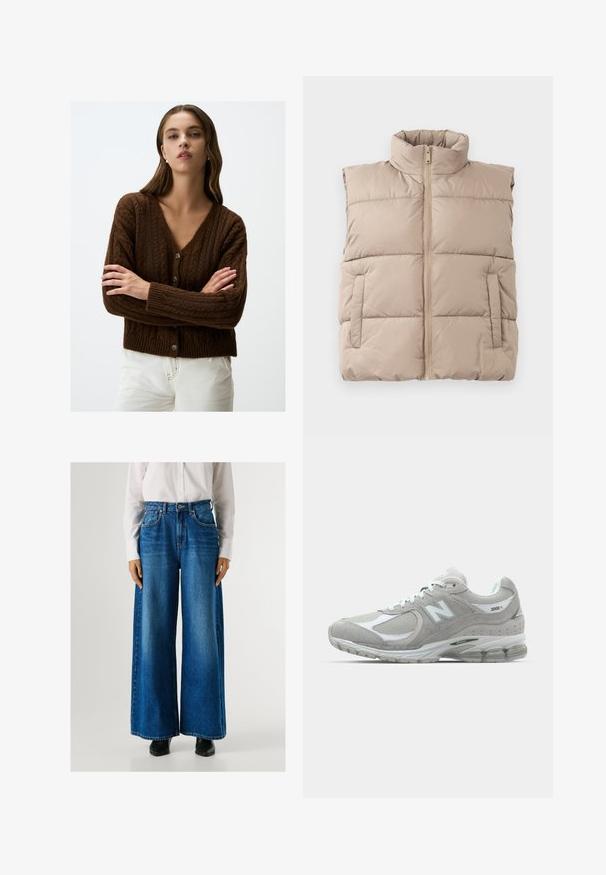 Brauner gestrickter Cardigan mit V-Ausschnitt, Rippbündchen und Knopfverschluss. Verfügt über ein strukturiertes Muster und ein kurzes Design.; Beige gesteppte ärmellose Weste mit hohem Kragen, Frontreißverschluss und zwei Seitentaschen, flach auf einem weißen Hintergrund ausgelegt.; Langärmliges, cremefarbenes Rollkragenoberteil aus leichter Stoffqualität; taillierte Passform mit dezentem Glanz und verlängerten Ärmeln; kombiniert mit olivgrünen Hosen.; Blaue Schlagjeans mit hoher Taille, aus Denim gefertigt, mit Fronttaschen und Knopfverschluss. Glatte Textur mit klassischer Waschung.; Die hellgraue New Balance 2002R Sneaker verfügt über ein Obermaterial aus Wildleder und Mesh, weiße Akzente, eine gepolsterte Sohle und sichtbare Dämpfungstechnologie.