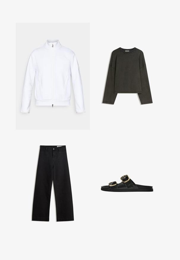 Biela bunda na zips s vysokým golierom, štruktúrovanou tkaninou, plochými švami a malým logom na ľavom rukáve. Obsahuje postranné vrecká.; Tmavo šedý dlhý rukáv top vyrobený z bavlneného materiálu. Štvorcový strih s okrúhlym výstrihom a spustenými ramenami, s viditeľným stehom.; Čierne denimové nohavice s širokými nohavicami a vysokým pásom, so prednými a zadnými vreckami, šitými švami a zapínaním na gombík. Hladká textúra.; Čierne šľapky s dvoma zlatými prackami, hladký textúrovaný materiál, plochá podrážka a minimalistický dizajn.