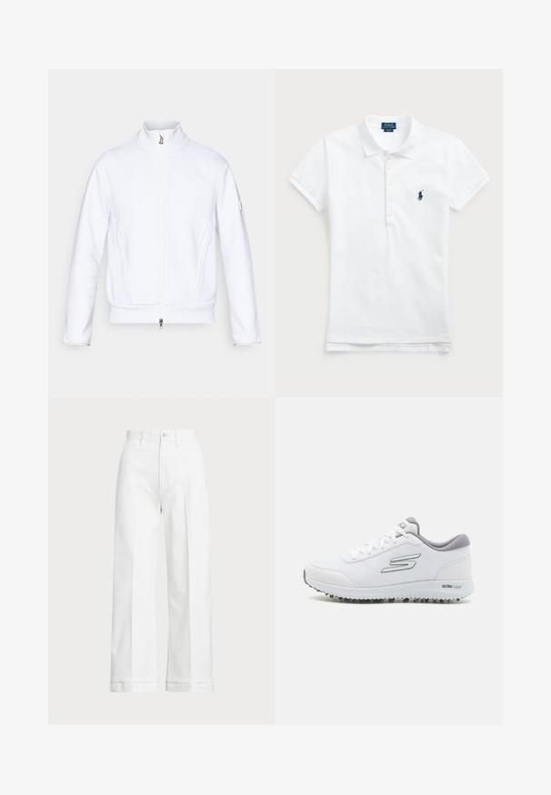 Giacca bianca con zip e collare alto, tessuto testurizzato, cuciture piatte e un piccolo logo sulla manica sinistra. Presenta tasche laterali.; Polo shirt in cotone bianco con colletto classico, maniche corte e logo ricamato blu navy sul lato sinistro del petto. Placca con cinque bottoni.; Pantaloni bianchi a gamba larga con vita alta, dotati di chiusura a bottone e dettagli di cucitura discreti. Realizzati in cotone con una texture morbida.; Scarpe sportive bianche con tomaia in mesh testurizzato, dettagli in argento e una suola leggera con piccoli tacchetti per la trazione, etichettate "ULTRA FLIGHT."