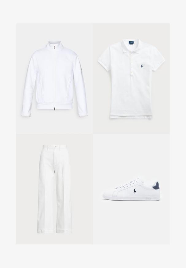 Biela bunda na zips s vysokým golierom, štruktúrovanou tkaninou, plochými švami a malým logom na ľavom rukáve. Obsahuje postranné vrecká.; Biela bavlnená polokošeľa s klasickým golierom, krátkymi rukávmi a námornícky modrou vyšitou značkou na ľavej strane hrudníka. Päťgombíková léga.; Biele široké nohavice s vysokým pásom, s gombíkovým zapínaním a jemnými švovými detailami. Vyrobené z bavlny s hladkou textúrou.; Biele kožené tenisky s hladkým povrchom, námorníckymi akcentmi a malým logom na boku. Obsahujú ploché šnúrky a textúrovanú gumovú podrážku.