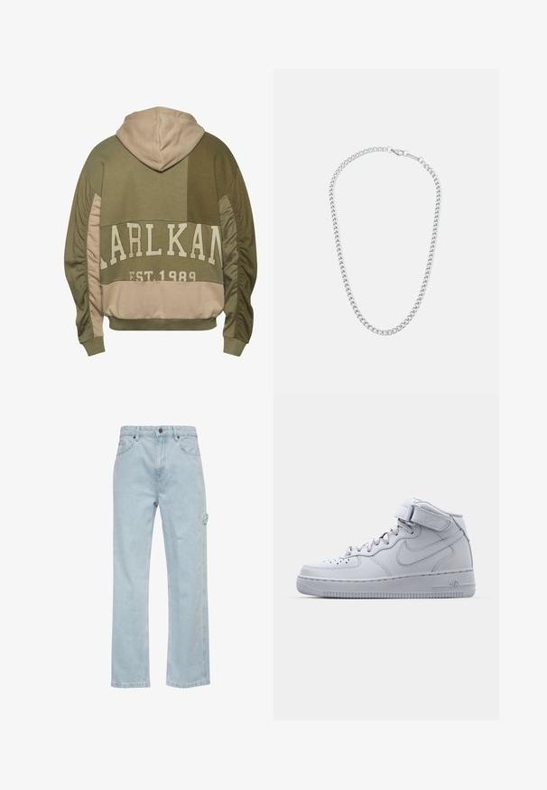 Olīvu zaļš un bēšs kapucis ar lielu priekšējo logo, teksturētām piedurknēm un brīvu piegriezumu ar kenguru kabatu.; Melnas kokvilnas T-krekls ar īsām piedurknēm, apaļu kakla izgriezumu un baltu paraksta logo, kas drukāts uz priekšpuses. Gluda tekstūra un brīva piegriezuma.; Gai zils džinsu audums ar taisno kāju dizainu, ar priekšējām un aizmugurējām kabatām, kā arī sānu kravas kabatu. Gluda tekstūra, ikdienas stils.; Pelni pelēkās Nike Air Force 1 sneakers ar ādas augšdaļu, mīkstinātu apkakli un Velcro siksniņu. Ikonisks dizains ar perforētu pirksta daļu.; Sudraba metāla ķēdes kaklarota, kas sastāv no savstarpēji savienotām saiknēm un droša sprādzes, ar gludu tekstūru, vienmērīgu apdari un klasisku dizainu.