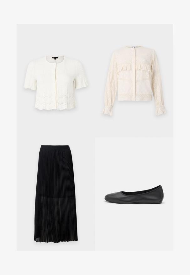 Biely kardigán s krátkym rukávom s textúrovaným pleteným vzorom, vlnitým lemom a perlovými akcentmi pozdĺž spodného okraja a rukávov. Predné zapínanie na gombíky.; Krémová blúzka s volánovými akcentmi, zložitými čipkovými detailmi, dlhými rukávmi so zhŕnutými manžetami a okrúhlym výstrihom.; Čierna plisovaná midi sukňa s hladkým, elastickým pásom a priesvitnou vrstvou, ktorá má jemné vertikálne plisovanie po celej textílii.; Čierne kožené baleríny s okrúhlou špičkou, hladkým povrchom, minimálnym prešívaním a flexibilným dizajnom podrážky.