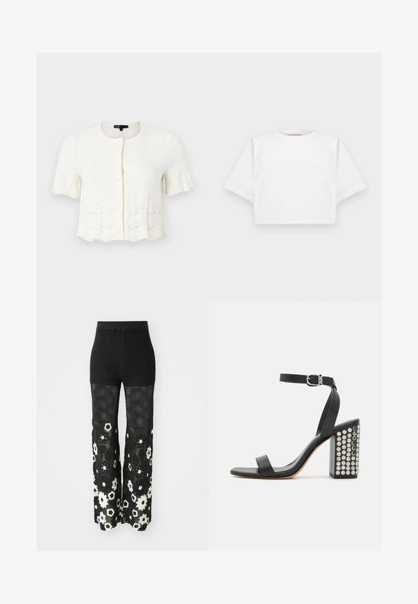 Cardigan bianco a maniche corte con un motivo a maglia testurizzato, orlo a ricciolo e dettagli di perline lungo il bordo inferiore e le maniche. Chiusura frontale con bottoni.; T-shirt bianca cropped realizzata in tessuto morbido, con maniche corte, scollo rotondo e dettagli a costine sull'orlo. Design semplice e senza fronzoli.; Maje POCHETTY - Pantaloni - noir/blanc; Infradito in pelle nera con tacco e cinturino alla caviglia. Presentano una punta quadrata, una texture liscia e un tacco a blocco quadrato adornato con borchie in argento.