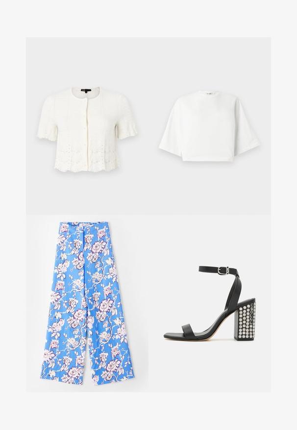 Weißer Kurzarm-Cardigan mit strukturiertem Strickmuster, gewelltem Saum und Perlenakzenten entlang des unteren Randes und der Ärmel. Vorderer Knopfverschluss.; Weißes, kürzer geschnittenes T-Shirt mit lockerer Passform, kurzen, weit geschnittenen Ärmeln, rundem Ausschnitt und seitlichen Schlitzen, aus weichem Baumwollmaterial.; Blaue Blumenhose mit einem pastellfarbenen Rosenmuster. Der Stoff ist glatt mit einer lockeren Passform, weiten Beinen und einem elastischen Bund.; Schwarze Ledersandalen mit Absatz und Knöchelriemen. Mit einer quadratischen Schuhspitze, glatter Textur und einem quadratischen Blockabsatz, der mit silbernen Nieten verziert ist.