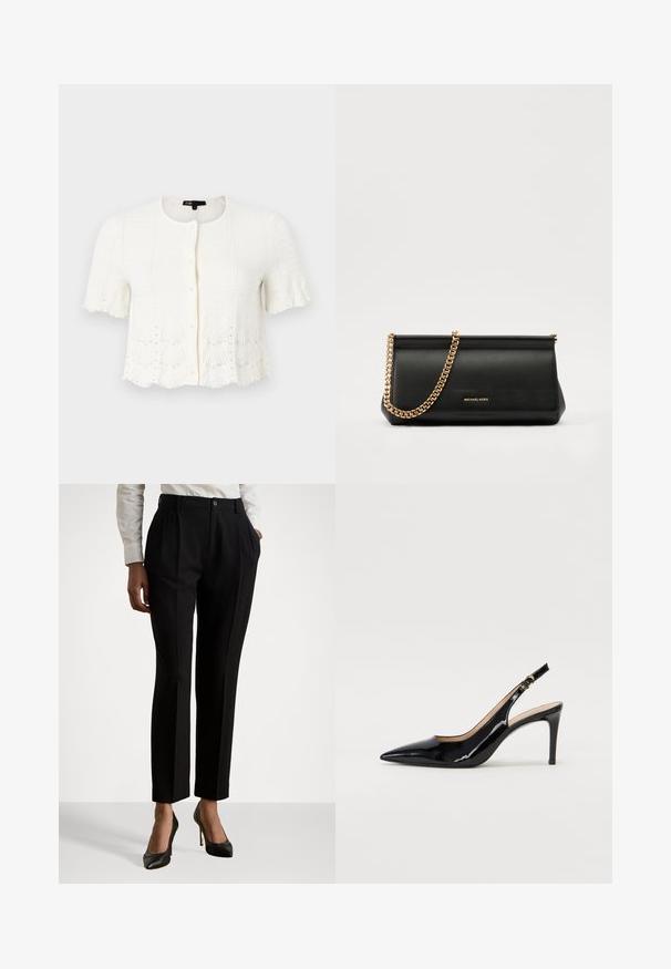 White short-sleeve cardigan with a textured knit pattern, scalloped hem, and bead accents along the bottom edge and sleeves. Front button closure.; White cotton T-shirt with short sleeves, round neck, fitted design, and smooth texture. Logo tag at neckline.; Black tailored trousers with a high waist, featuring pleats, a button closure, and side pockets. Made of smooth fabric.; Black patent leather slingback pump with pointed toe, slim heel, and a subtle cutout design. Features a gold buckle on the strap.; Black leather clutch bag with a gold chain strap, featuring a smooth texture, rectangular shape, and embossed branding on the front.