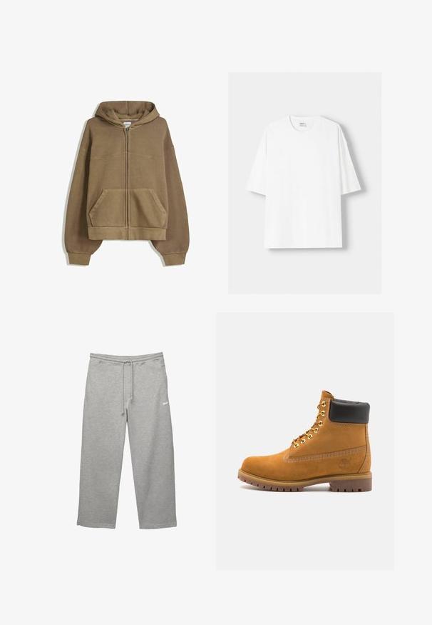 Majica s kapuljačom i patentnim zatvaračem u khaki smeđoj boji, s opuštenim krojem, dva prednja džepa i rebrastim manžetama na završetcima rukava i donjem rubu.; Bijela kratkodlana majica s kratkim rukavima, izrađena od pamuka, s okruglim izrezom i opuštenim krojem. Gladak materijal, bez vidljivih uzoraka ili akcenta.; Sive trenerke od mekanog materijala s elastičnim pojasom, podesivom vezicom i bočnim džepovima. Ima mali bijeli logo.; Antracitne antilop čizme do gležnjeva s crnim podstavljenim ovratnikom, zlatnim metalnim rupicama, bijelim šavovima i robusnom gumenom potplatom s izraženim šarama.