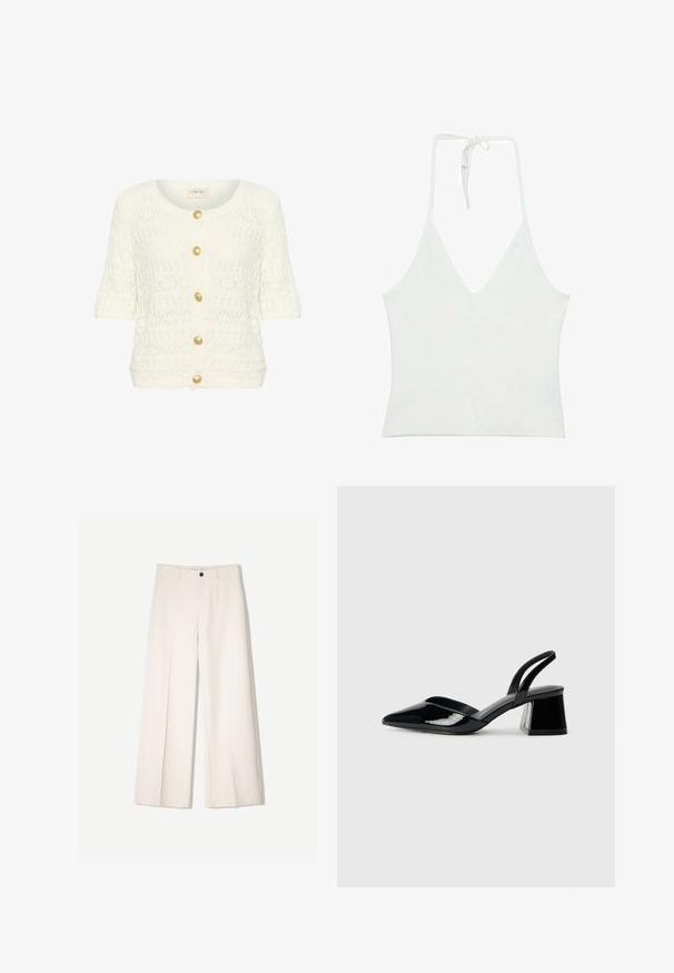 Cremefarbener Strickcardigan mit kurzen Ärmeln, rundem Ausschnitt und fünf goldenen Knöpfen auf der Vorderseite. Strukturierter Offene-Muster-Einsatz im gesamten Design.; Weißes Top mit Halterneck und tiefem V-Ausschnitt. Aus einem glatten, leichten Stoff gefertigt. Mit verstellbarem Band am Rücken.; Cremfarbene weitem Hosen mit maßgeschneidertem Design, ausgestattet mit zwei vorderen Taschen und einem vorderen Knopfverschluss, aus glattem Stoff gefertigt.; Schwarze Lackleder-Slingback-High Heels mit spitzem Schuh und einem geometrischen Blockabsatz. Verfügt über ein schlankes, minimalistisches Design und eine glatte Textur.