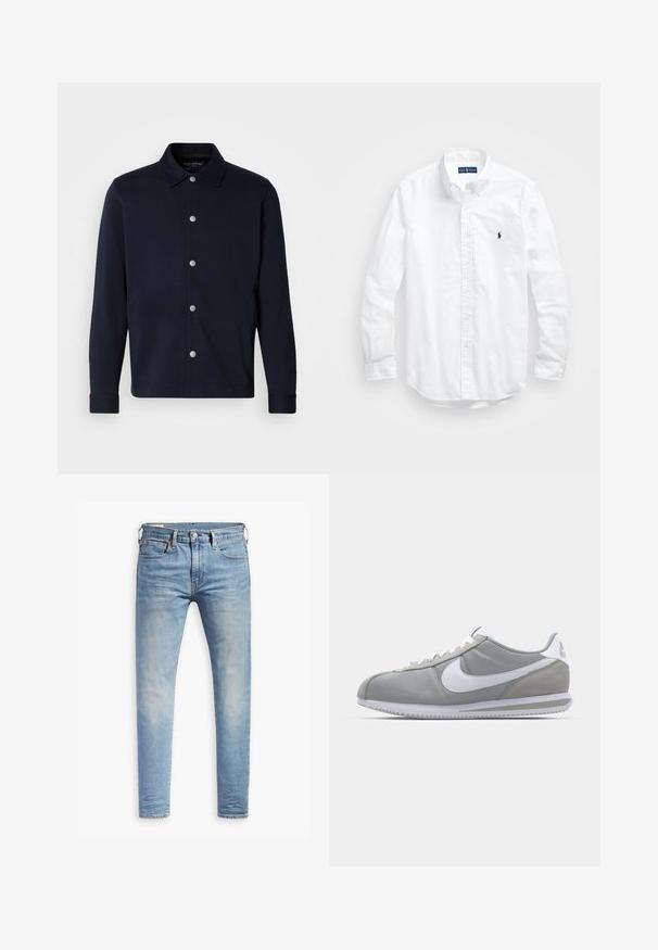 Tumesinine pikkade varrukatega särk-jakk hõbedaste nööpidega ees ja klassikaline krae ühtlasel taustal.; Valge pikkade varrukatega kotitõmblusega särk puuvillast. Omab klassikalist kraed, nööpidega mansette ja väikest tumesinist tikandit rinnal.; Heledad hallidega helesinised kitsad teksad, millel on kerge kulumine reitel, ees nupuga sulgemine, vöölõngad ja viie taskuga stiil, valgel taustal.; Hallitus hallikets pro piletse ja teki, valge Nike swoosh ja valged paelad. Omab tekstuuriga kummitalda ja polsterdatud krae.