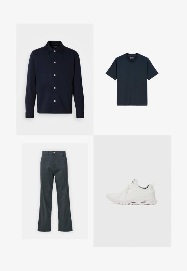 Giacca camicia a maniche lunghe di colore blu navy con bottoni a scatto argentati sulla parte anteriore e colletto classico su uno sfondo semplice.; T-shirt blu navy realizzato in cotone morbido, con collo a giro, maniche corte e un sottile dettaglio del logo nella parte anteriore. Design senza cuciture.; Pantaloni neri con taglio dritto, realizzati in tessuto misto cotone. Presentano una chiusura con bottone metallico e tasche laterali. Nessun motivo visibile.; Scarpe atletiche bianche con tomaia in maglia testurizzata, lacci piatti e una suola ammortizzata con camere d'aria visibili per un supporto aggiuntivo.