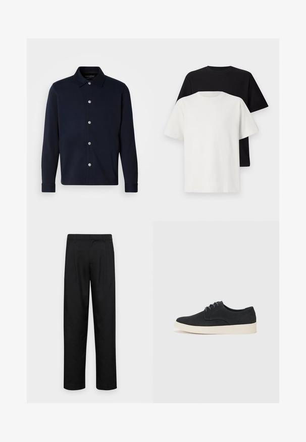 Námornícky modrá košeľová bunda s dlhým rukávom a striebornými cvokmi na prednej strane, s klasickým golierom na jednoduchom pozadí.; Bavlnená súprava tričiek, ktorá obsahuje čierne tričko a biele tričko, obe s krátkymi rukávmi, okrúhlym výstrihom a štandardným strihom. Textúrovaná látka.; Čierne nohavice vyrobené z hladkej tkaniny, s rovnými nohavicami, dvoma prednými skladmi a štandardným pásom s pútkami na opasok.; Čierne semišové šnurovacie topánky s okrúhlou špičkou, ľahkou krémovou podrážkou a jemnými modrými švy na vrchu.