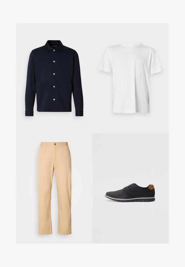 Veste chemise à manches longues bleu marine avec des boutons pression argentés sur le devant et un col classique sur fond uni.; T-shirt blanc à manches courtes en coton doux, avec un col rond et un détail logo en relief discret sur la poitrine gauche.; Pantalons en coton kaki avec une coupe droite, dotés d'une fermeture à bouton à l'avant et de passants de ceinture. Texture lisse et surface unie.; Chaussures synthétiques noires avec un dessus texturé, accents lisses, talon marron et semelle contrastante. Présente un laçage minimal et des détails de couture.