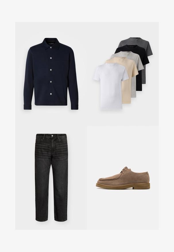 Tummansininen pitkähihainen puserotakki, jossa on hopeiset nepparit edessä ja klassinen kaulus yksinkertaisella taustalla.; Viisi lyhythihaista t-paitaa valkoisena, beigeinä, vaaleanharmaana, tummanharmaana ja mustana. Valmistettu sileästä puuvillasta, jossa on pyöreä kaula-aukko.; Musta farkut suoran leikkauksen kanssa, jotka sisältävät keski korkean vyötärön, viisi taskua ja metallipainikkeen kiinnityksen. Sileä pinta, jossa on hienovaraista kulumista.; Zign LEATHER - Rennot nauhakengät - taupe