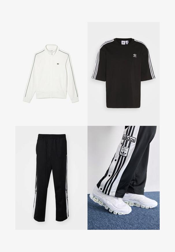 Hvit zip-jakke laget av myk stoff, med grønne striper langs ermene, ribbede mansjetter og en liten brodert logo på brystet.; Svart kortermet T-skjorte laget av bomull, med hvite tre-striper på skuldrene og et brodert Adidas-logo på brystet.; Svart treningbukser laget av glatt stoff, med hvite sidestriper og elastisk midje for komfort. Ingen bemerkelsesverdige detaljer eller mønstre.; Adidas joggebukser i svart og hvitt med tre striper og trykknapper, sammen med hvite joggesko med tykk, rørformet såle.