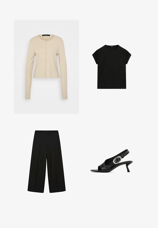 Cardigan beige clair avec une texture côtelée, col rond, et fermeture à boutons avec des boutons ressemblant à des perles, manches longues et coupe ajustée.; T-shirt noir à manches courtes, col rond, avec un ourlet droit, présenté à plat sur un fond blanc.; Pantalons larges noirs en tissu doux, avec une taille haute et des plis, ayant une texture lisse et sans embellissements visibles.; Chaussure slingback en cuir noir avec un bout ouvert, dotée d'une boucle ovale en argent sur la sangle et d'un talon aiguille fin. Texture lisse.