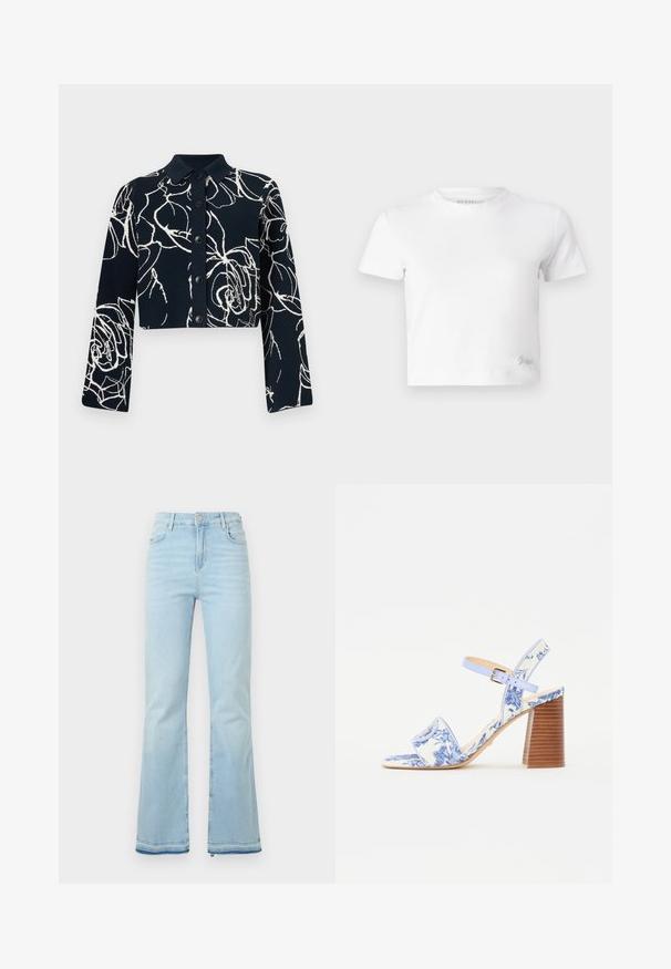 Skraťená bunda s gombíkmi v námorníckej modrej farbe s bielou kvetinovou potlačou. Vyrobená z jemnej látky, má dlhé rukávy a špicatý golier.; Biely croptop vyrobený z hladkej bavlny, s vysokým výstrihom a krátkymi rukávmi. Malé vyšívané logo v dolnom rohu.; Svetlomodré rozšírené džínsy z denimovej látky, s vysokým pásom, prednými vreckami a surovým lemom na manžetách pre ležérny vzhľad.; Modré sandále s kvetinovým vzorom, so štvorcovou špičkou, širokým popruhom a nastaviteľným členkovým popruhom, s textúrovaným dreveným blokovým podpätkom.