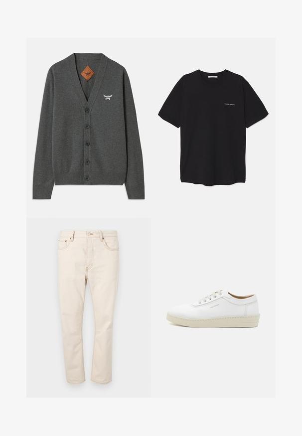 Gray cardigan made of soft fabric, featuring a V-neck, five front buttons, ribbed cuffs and hem, and an embroidered logo on the chest.; Black cotton T-shirt with a crew neck, short sleeves, and a white logo print on the left chest. Simple, solid color design.; Beige denim jeans with a straight-leg cut, featuring five pockets, contrasting stitching, and a button closure at the waistband.; White leather sneaker with a textured finish, round toe, beige rubber sole, and six grey lace eyelets, featuring subtle branding on the side.
