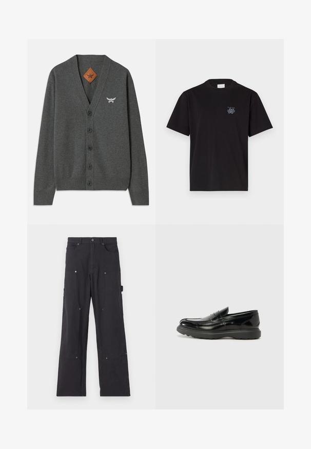 Grå cardigan i mjukt tyg, med V-ringning, fem knappar framtill, ribbade mudd och fåll, samt en broderad logotyp på bröstet.; Svart bomullströja med rund hals och korta ärmar. Har en liten blå logotyp på vänster bröst. Enkel, rak design.; Svarta cargo-byxor tillverkade av slitstark tyg med rak ben-design, som har framfickor, tryckknappar och sidofickor för verktyg.; Svart läderloaferskor med en glänsande yta, rund tå, diskreta söm detaljer och en tjock gummisula för hållbarhet.