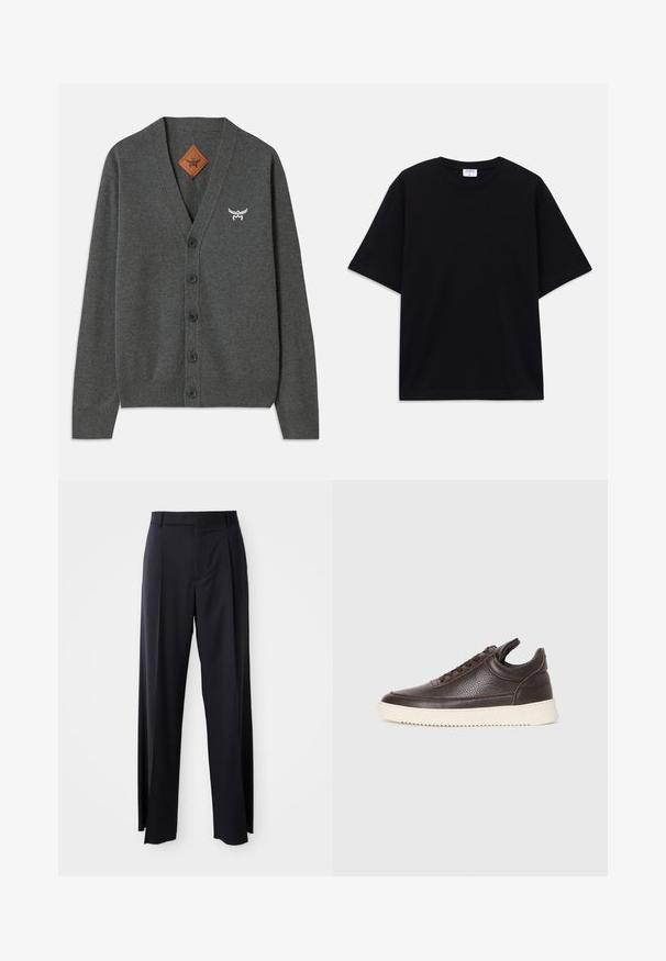 Sivý kardigán vyrobený z mäkkej látky, s výstrihom do V, piatimi prednými gombíkmi, rebrovanými manžetami a lemom a vyšívaným logom na hrudi.; Čierne nadrozmerné tričko s krátkym rukávom a okrúhlym výstrihom, s viditeľnou značkovou etikou Filippa K vo vnútri goliera.; Čierne, vysoké nohavice so širokým strihom, vyrobené z hladkej látky. Obsahujú predné skladby a pútka na opasok. Minimalistický dizajn, bez viditeľnej kovania.; Tmavohnedá textúrovaná kožená teniska s šnurovaním a bielou zvrškovou gumovou podrážkou na jednoduchom svetlom pozadí.