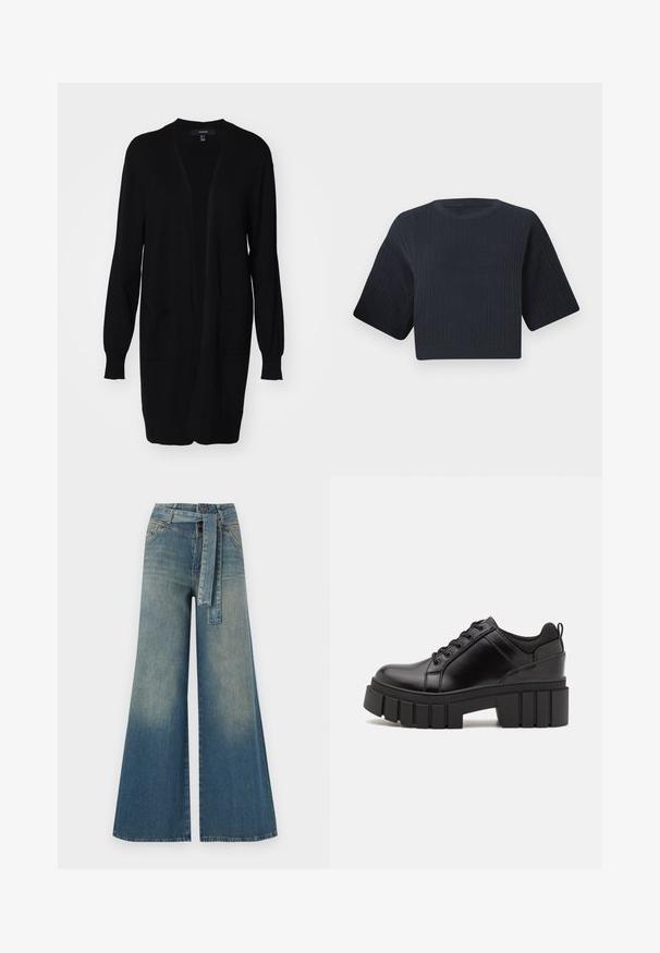 Crni dugi kardigan s labavim krojem, rebrastim manžetama, dva prednja džepa i okruglim izrezom. Izrađen od mekanog, teksturiranog materijala.; Tamnoslijeđi skraćeni pleteni pulover s rebrastom teksturom, kratkim širokim rukavima i okruglim izrezom. Jednostavan dizajn, bez vidljivih uzoraka ili naglasaka.; Široke traperice s gradijentom od svijetloplave do tamnoplave, visokog struka, petljama za remen i remenom od istog materijala. Teksturirana traper tkanina.; Crne kožne platforme s debelim blok-peta, okruglim prstima i klasičnim dizajnom vezanja. Imaju gladak tekstur i minimalne detalje.