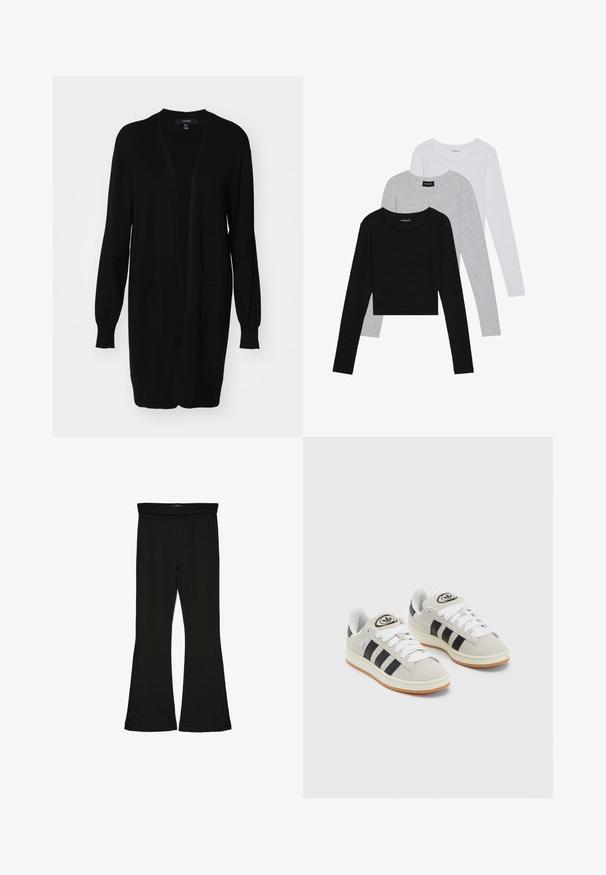 Melnā gara kardigāna brīvā izstrādājumā ar ribotām aprocēm, divām priekšējām kabatām un apaļu kakla izgriezumu. Izgatavots no mīksta, teksturēta auduma.; Trīs garām piedurknēm veidotas augšdaļas, sakrautās: melna, pelēka un balta. Katram ir noapaļots kakla izgriezums un īsa dizaina forma ar gludu, vieglu audumu.; Melnas flared leggings, kas izgatavotas no stiepjama auduma. Iezīmējas ar platu jostasvietu un gludu tekstūru, ar pieguļošu siluetu, kas paplašinās pie apakšmalas.; Pelēkas zamšādas kedas ar baltām saites, melnām svītrām un baltu gumijas zoli. Raksturīga apļa logo uz mēles un gumijas zole.