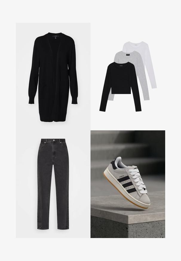 Crni dugi kardigan s labavim krojem, rebrastim manžetama, dva prednja džepa i okruglim izrezom. Izrađen od mekanog, teksturiranog materijala.; Tri dugih rukava posložena: crna, siva i bijela. Svaka ima okrugli izrez i skrateni kroj s glatkom, laganom tkaninom.; Crne traperice ravnih nogavica s visokim strukom, prednjim kopčanjem na dugme i patentni zatvarač, te stilom s pet džepova na bijeloj pozadini.; Siva Adidas Campus tenisica s crnim prugama i bijelim vezicama lebdi iznad betonskog ruba s ljestvama u pozadini.