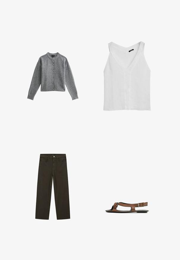 Grijze gebreide cardigan met een ronde halslijn, lange mouwen en sluiting met knopen aan de voorkant. Heeft ribgebreide manchetten en zoom, gemaakt van zacht materiaal.; Massimo Dutti FLOWING DOUBLE FABRIC GARMENT - Top - white; Donkergroene wijde jeans van een katoenmix, met een sluiting met een voorste knop, vijf zakken en klassieke denimstiksels.; Bruine leren sandaal met een open teen en zijuitsparingen. Voorzien van een enkelband met een metalen gesp en een platte zool.