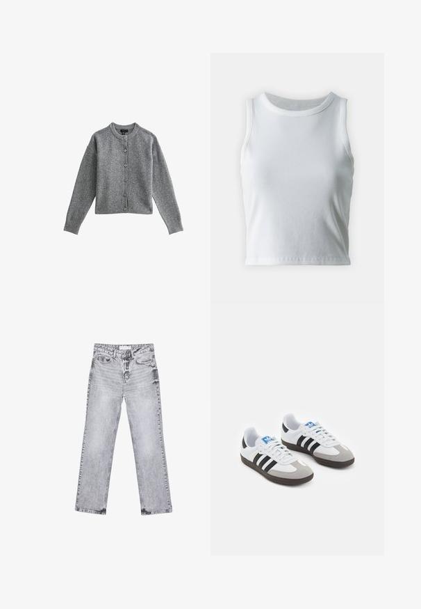 Grå stickad kavaj med rund halsringning, långa ärmar och knappstängning fram. Har ribbade muddar och nederkant, tillverkad av mjukt material.; Vit ribbad linne med rund halsringning och ärmlös design, med en rak nederkant och en smidig, elastisk textur.; Grå denimjeans med rak benpassform, slitna detaljer, fem fickor och kopparnitar. Midjan har en logotagg.; Sportskor med överdel i vit läder, grå mocka på tårna och tre svarta ränder. Har en blå logotyp på tungan och en texturerad gummisula.