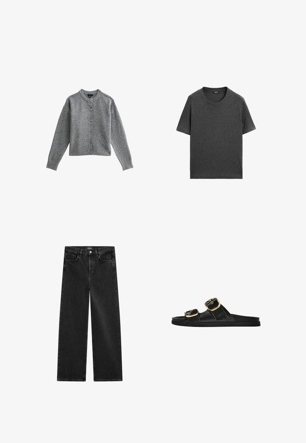 Grijze gebreide cardigan met een ronde halslijn, lange mouwen en sluiting met knopen aan de voorkant. Heeft ribgebreide manchetten en zoom, gemaakt van zacht materiaal.; Donkergrijze korte mouwen t-shirt van zacht katoen. Beschikt over een klassieke ronde hals en rechte zoom zonder patronen of accenten.; Wijd gesneden zwarte denim jeans met een subtiel verticaal streepmotief, voorzien van een vijfzakkenontwerp en een klassieke knoopsluiting bij de taille.; Zwarte slipper met twee gouden gesps, gladde textuur, platte zool en een minimalistisch ontwerp.