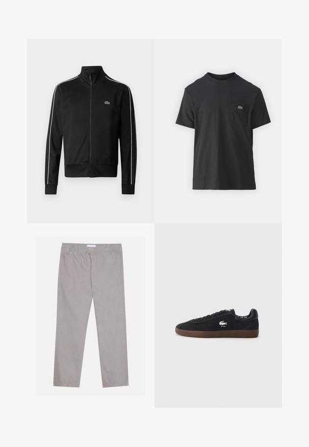 Crna zip-up trenerka izrađena od glatkog materijala, sa bijelim bočnim prugama i malim zelenim logotipom na prsima. Dizajn s visokim ovratnikom.; Crna pamučna majica s kratkim rukavima, okruglim izrezom i malim zelenim logotipom na lijevoj strani džepa. Jednostavan dizajn, regularni kroj.; Svijetlosive pamučne hlače s elastičnom pojasom, dva bočna džepa, ravni kroj nogavica i glatka tekstura. Jednostavni detalj šivanja.; Crne nubuk tenisice s gumenim đonom, okruglim vrhom, vezivanjem sprijeda i logom krokodila sa strane. Crne kožne detalje na peti.