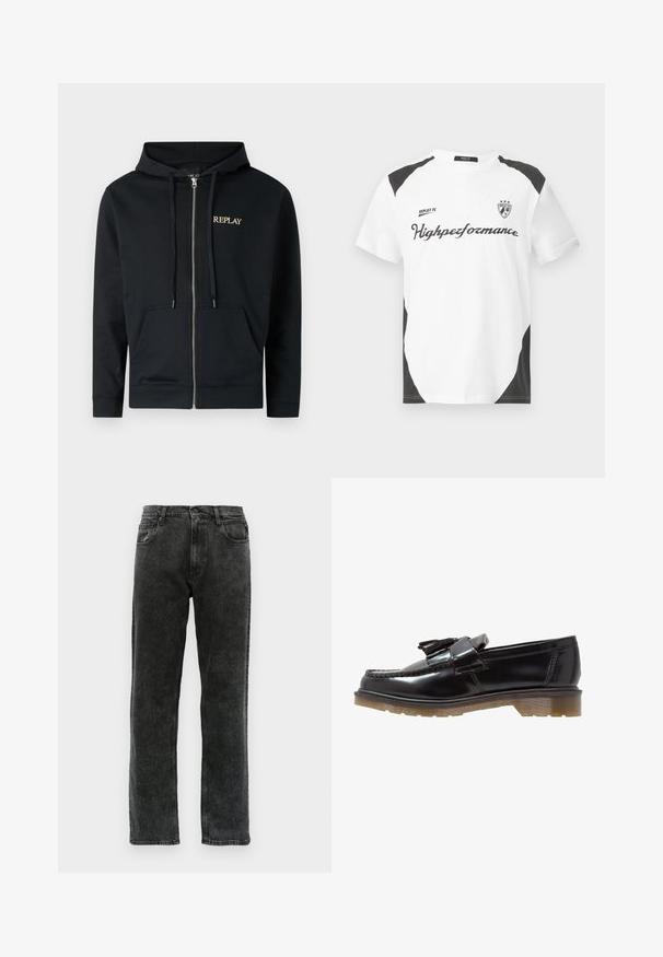 Felpa nera con zip in cotone, dotata di tasca frontale a marsupio. Presenta un cappuccio con coulisse e il logo "REPLAY" in oro sul petto.; T-shirt bianca a maniche corte con dettagli neri. Presenta il logo "REPLAY FC" e il testo "Highperformance" in un font sportivo. Realizzata in un materiale liscio.; Jeans in denim nero con un taglio dritto, dotati di cinque tasche, chiusura a bottone e leggere sfumature lungo il tessuto.; Mocassini in vernice nera con un design intrecciato, dettaglio a nappina e una suola in gomma spessa e testurizzata. La vista laterale mette in evidenza la silhouette elegante.