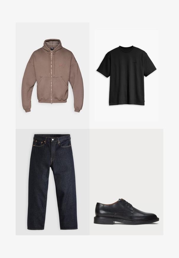 Brun zip-up-hoodie med en rymlig framficka, ribbade muddar och fåll. Har en broderad logotyp på bröstet, tillverkad av texturerat tyg.; Svart bomullströja med rund hals och korta ärmar. Har en diskret logotyp fram och en rak nederkant. Enkelt och minimalistiskt design.; Mörkblå denimjeans med rak passform, fem fickor, kontrasterande orange sömmar och knappgylf. Inga synliga mönster eller dekorationer.; Svart läderklänningsko med rund tå, snörning och låg staplad klack. Slät yta med minimala sömdetaljer.