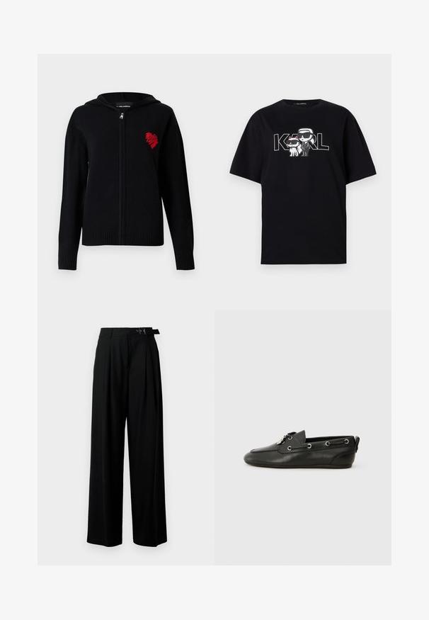 Čierna mikina na zips vyrobená z jemnej látky. Má na ľavej hrudi červený výšivkový dizajn srdca a rebrované manžety a lem.; Čierne bavlnené tričko s grafickou potlačou dvoch kreslených postavičiek v slnečných okuliaroch, doplnené textom "KARL" v tučných písmenách.; Čierne široké nohavice s vysokým pásom, skladmi vpredu a opaskom s prackou. Vyrobené z hladkej, ľahkej textílie.; Čierne kožené lodné topánky s okrúhlou špičkou, šnurovaním vpredu, kovovými očkami a plochou podrážkou. Obsahuje malý pútko na zadnej strane.
