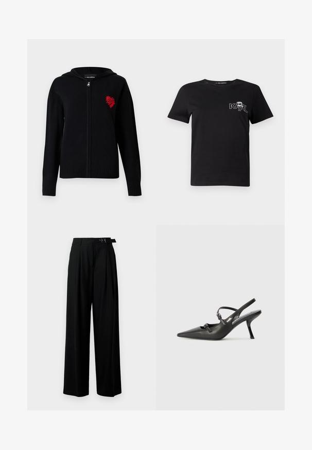 Svart zip-up hettegenser laget av et mykt stoff. Har et rødt brodert hjerte-design på venstre bryst og ribbestrikkede mansjetter og kant.; Svart kortermet t-skjorte laget av bomull. Har et hvitt grafisk trykk med teksten "KARL" og en stilisert figur på brystet. Rund hals.; Svarte vide bukser med høy livlinje, folder foran og belte med spenne. Laget av glatt, lett materiale.; Sorte skinn slingback-hæler med spiss tå, slank hæl og dekorativ spenne detalj på vampsiden. Glatt tekstur og stilrent design.