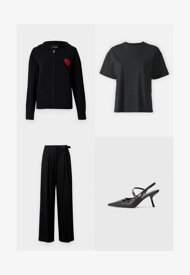 Melnā jaku ar rāvējslēdzēju, kas izgatavota no mīksta auduma. Tajā ir sarkans izšūts sirds dizains kreisajā krūtīs un ribota aproces un apakšmala.; Melna īsām piedurknēm kokvilnas t-kreklu ar brīvu piegriezumu un kontrastējošu sānu paneli, kas satur nelielu tekstu un dizaina detaļas.; Melni plaši bikses ar augsto jostasvītru, priekšā ar krokojiem un jostu ar sprādzi. Izgatavotas no gludas, vieglas auduma.; Melnas ādas slingback papēži ar norādītu purngalu, izsmalcinātu papēdi un dekoratīvu sprādzi uz priekšpuses. Gluda tekstūra un elegants dizains.