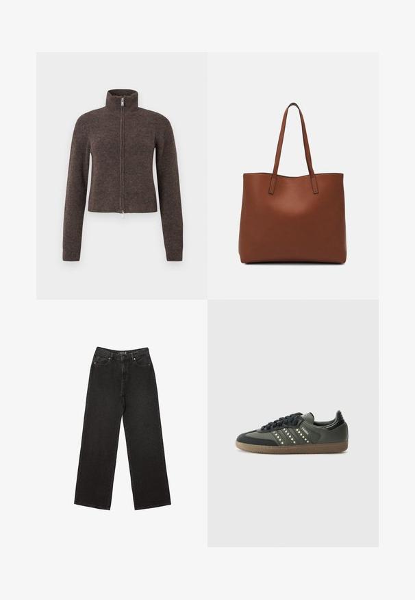 Smeđa džemper na patentni zatvarač s visokim ovratnikom i uskim krojem. Izrađen od mekanog, teksturiranog pletiva. Ima dugi rukav i skraćenu duljinu.; Bijela majica od mekane, lagane tkanine. Ima okrugli izrez i kratke, široke rukave s ležernim krojem. Bez vidljivih uzoraka.; Crne široke traperice izrađene od denima, s malim točkastim uzorcima, klasičnim dizajnom s pet džepova i zatvaranjem na gumbe i zatvarač.; adidas Originals SAMBA OG - Tenisice - core black/legend earth/gum; Smeđa kožna torba preko ramena s glatkom teksturom, otvorenim vrhom i dvjema naramenicama. Ima minimalne šavove i nema vidljivog hardvera.