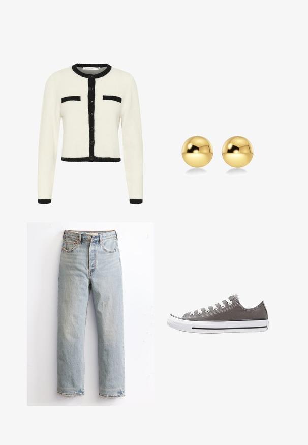 Biała krótka kardigan w miękkim materiale z czarnymi wykończeniami, z okrągłym dekoltem, zapięciem na guziki i dwiema kieszeniami na piersi.; Biały bawełniany crop top z regulowanymi sznurkami, zapinany na guziki, z plisowanym wzornictwem i koronkowym wykończeniem u dołu. Gładka tekstura, lekki materiał.; Jasnoniebieskie dżinsy z prostymi nogawkami, z postrzępionym dołem, miedzianymi nitami i klasycznym stylem pięciu kieszeni.; Szare płócienne trampki z białą gumową podeszwą, czarnym paskiem i metalowymi oczkami. Charakteryzują się okrągłym noskiem, niskim fasonem oraz teksturowanym materiałem.; Złote, sferyczne kolczyki o błyszczącej, refleksyjnej powierzchni. Ich design jest prosty i gładki, co tworzy nowoczesny, minimalistyczny wygląd.