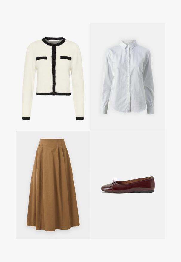 Cardigan alb scurt, dintr-un material moale, cu margini negre, având un guler rotund, închidere cu nasturi și două buzunare pe piept.; Cămașă albă cu nasturi, confecționată din bumbac neted, având un guler clasic, mâneci lungi și un tiv curbat. Nasturii sunt mici și albi.; Fustă A-line din bumbac maro, cu talie înaltă, având pliseuri pe față și o textură netedă. Marginile sunt finisate curat și simplu.; Balerini din piele patent burgund cu vârful rotund, accent de fundiță mică în față și talpă joasă din cauciuc negru. Textură netedă.