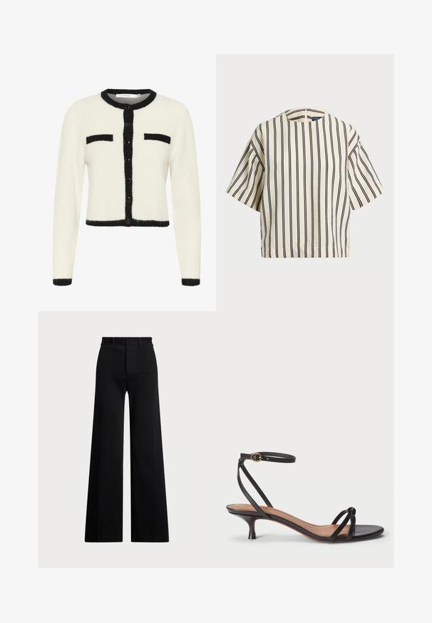 White cropped cardigan in soft fabric with black trim, featuring a round neckline, button closure, and two chest pockets.; Short-sleeve, striped top in cream and navy, featuring a round neckline and boxy design with a textured fabric.; Black wide-leg pants made of woven fabric, featuring a high waist, front button closure, and side pockets. Smooth texture with clean lines.; Polo Ralph Lauren LEATHER KITTEN-HEEL SANDAL - Classic heels - black