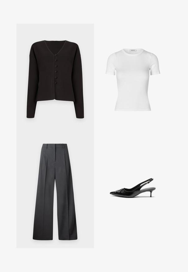 Fekete V nyakú kardigán hosszú ujjal, gombos elülső záródással és kerek gombokkal. Puha kötött anyag, minimalista dizájnnal.; Fehér, rövid ujjú póló bordás pamutból. Testhezálló fazon, kerek nyakkivágással és sima felülettel. Nincsenek minták vagy díszítések.; Széles szárú nadrág sötétszürke anyagból, magas derekú, egyes redőkkel, sima textúrával és tiszta befejezéssel a szegélyeken.; Fekete bőrből készült slingback magassarkú cipők hegyes orral, kis francia sarokkal és díszes csomóval az elején. Az egész felületen sima textúra.