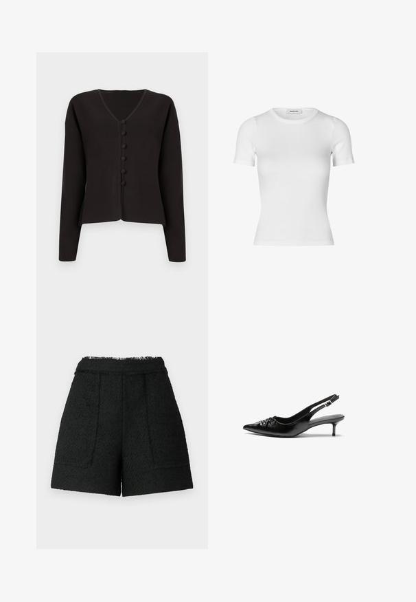 Svart V-hals cardigan med lange ermer, med knappeåpning foran og runde knapper. Mykt strikket stoff med et minimalistisk design.; Hvit kortermet t-skjorte laget av ribbet bomullsstoff. Fitted design med rund hals og en jevn tekstur. Ingen mønstre eller utsmykninger.; Sorte shorts laget av teksturert stoff med en frynset kant, har to frontlommer og en skreddersydd passform.; Sorte skinnert remsandaler med spiss tå, liten kittenhæl og en dekorativ knute detalj foran. Glatt tekstur gjennom hele.