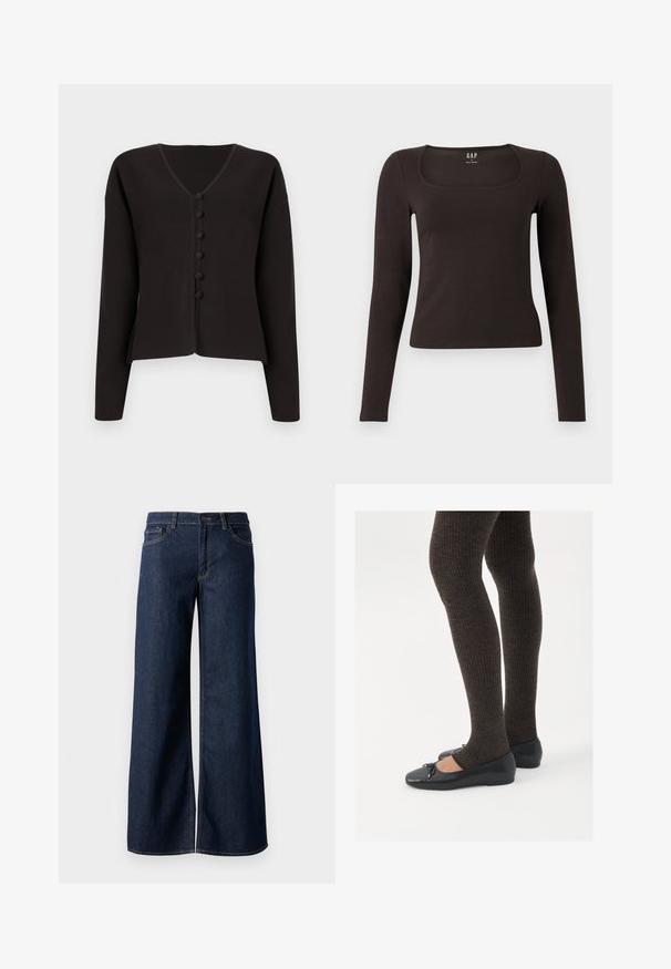 Must mustagaane, millel on pikad varrukad ja nööpidega esiosa, ümmargused nööbid. Pehme kudum, minimalistlik disain.; Must musta, sobiv ülikond, neljakandiline kaelus, sildiga GAP, valge tausta peal.; Laiad teksad tumesinises denimis. Omab kontrastõmblusi, viit taskut ja nupukinnitust vööl. Sile tekstuur.; Mustad mustad kingad väikese teksaga varvaste juures, koos tumedate pruunide ribakangastega. Kingadel on sile tekstuur ja madal profiil.