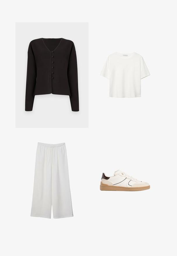 Crni kardigan s V-izrezom i dugim rukavima, s prednjim zatvaranjem na gumb i zaobljenim gumbima. Mekana pletiva od tkanine s minimalističkim dizajnom.; Bijela majica kratkih rukava od pamuka. Ima okrugli izrez i opušteni kroj. Glatka tekstura bez vidljivih uzoraka ili naglasaka.; Bijele hlače širokog kroja izrađene od lagane tkanine, s elastičnim pojasom i vezicom za prilagodljivu veličinu. Glatka tekstura.; Stradivarius Tenisice - white