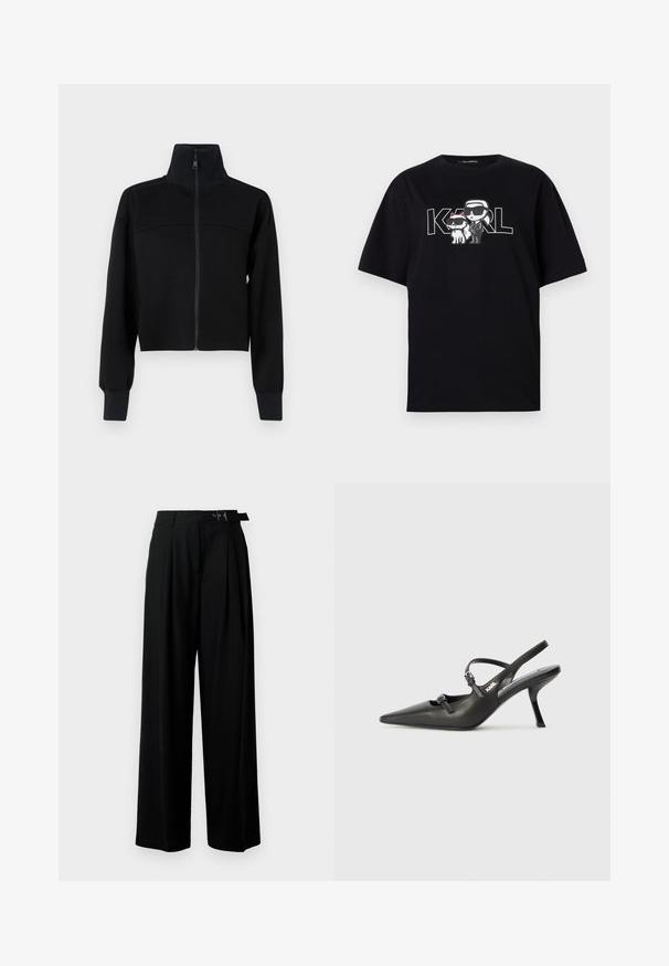 Black cropped zip-up jacket in soft fabric. Features a high collar and long sleeves with ribbed cuffs. Seam detail across the chest.; Black cotton t-shirt featuring a graphic print of two cartoon figures with sunglasses, accompanied by the text "KARL" in bold letters.; Black wide-leg trousers with a high waist, pleats at the front, and a belt featuring a buckle. Made from smooth, lightweight fabric.; Black leather slingback heels with a pointed toe, slender heel, and decorative buckle detail on the vamp. Smooth texture and sleek design.
