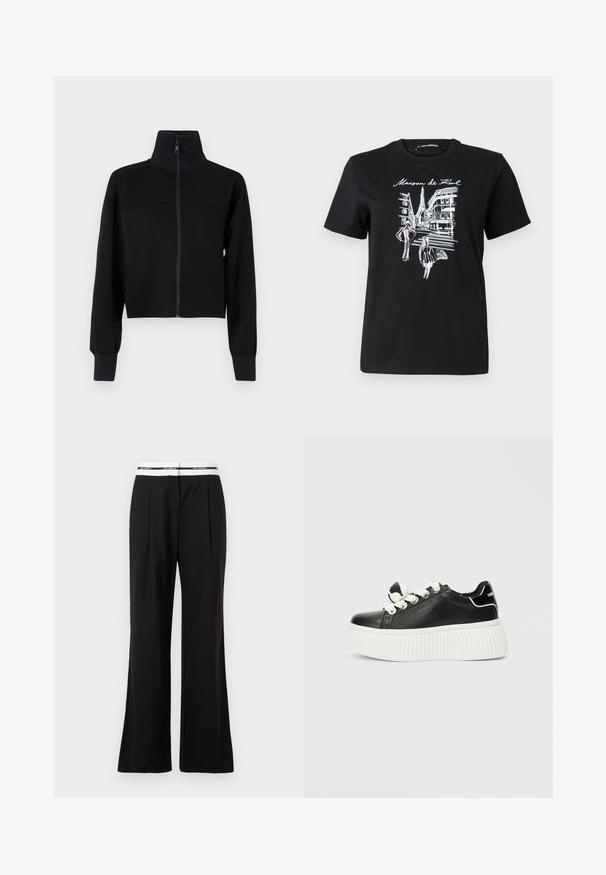 Svart cropped zip-jakke i mykt stoff. Har høy krage og lange ermer med ribbestrikkede mansjetter. Sømdetalj over brystet.; Svart bomull t-skjorte med grafisk design av parisiske gater med et tårn, aksentert med rosa og hvit linjekunst. Rund hals.; Sorte bukser med avslappet passform, med hvit elastisk midjebånd med merkevare. Laget av glatts materiale med en lett glans.; Svart lær sneaker med en tykk hvit ribbesol, som har hvite skolisser og en dekorativ sløyfeaccent på tungen.
