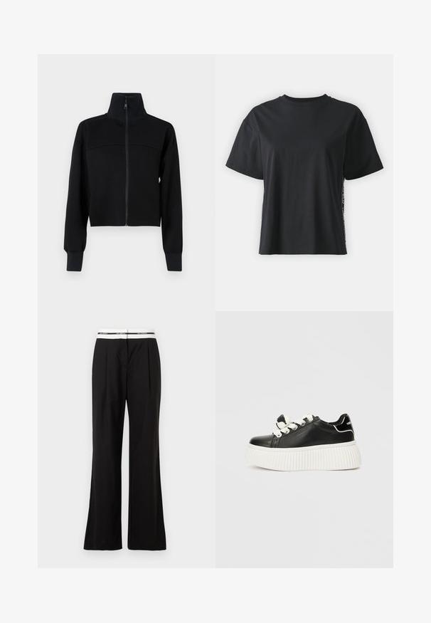 Fekete, rövidített, cipzáros dzseki puha anyagból. Magas gallérral és hosszú ujjakkal rendelkezik, bordázott mandzsettákkal. Párnázott varrás a mellkasnál.; Fekete, rövid ujjú pamut póló, laza szabású, kontrasztos oldalsó panelekre jellemző kis szöveggel és dizájn részletekkel.; Fekete, lazán szabott nadrág, fehér rugalmas derékpánttal, amelyen márkajelzés található. Simogató, enyhén fényes anyagból készült.; Fekete bőr sneaker vastag, fehér bordázott talppal, fehér fűzőkkel és díszes masni akcentussal a nyelvén.
