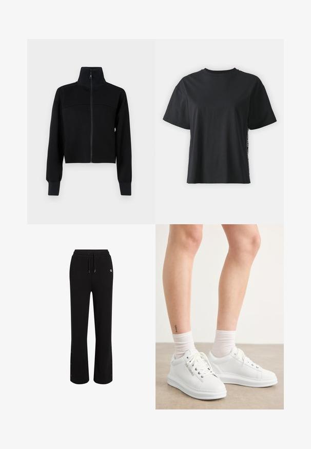 Fekete, rövidített, cipzáros dzseki puha anyagból. Magas gallérral és hosszú ujjakkal rendelkezik, bordázott mandzsettákkal. Párnázott varrás a mellkasnál.; Fekete, rövid ujjú pamut póló, laza szabású, kontrasztos oldalsó panelekre jellemző kis szöveggel és dizájn részletekkel.; Fekete, laza szabású melegítőnadrág, zsinóros derékkal és patentgombos részletekkel a bokánál. Puha, lélegző anyagból készült.; Fehér bőr sportcipők sima felülettel, kerek orral és lapos gumi talppal. A fűzők láthatóak, a zokni szárak fehérek.