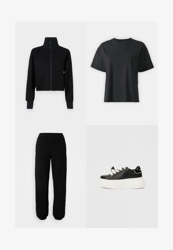 Chaqueta recortada negra con cremallera en tejido suave. Cuenta con un cuello alto y mangas largas con puños de canalé. Detalle de costura en el pecho.; Camiseta de algodón negra de manga corta con un corte relajado y un panel lateral en contraste que presenta texto pequeño y detalles de diseño.; Pantalones de chándal negros con cintura y puños elásticos. Fabricados en una tela suave con un sutil detalle de diseño en la pierna izquierda.; Zapatilla de cuero negra con una gruesa suela blanca estriada, que presenta cordones blancos y un lazo decorativo en la lengüeta.