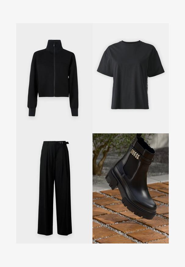 Črna skrajšana jakna z zadrgo iz mehkega materiala. Ima visok ovratnik in dolge rokave z rebrastimi manšetami. Šivni detajl čez prsi.; Črna bombažna majica s kratkimi rokavi, sproščenega kroja z kontrastnim stranskim panelom, ki vsebuje majhne besedilne in oblikovne podrobnosti.; Črne široke hlače z visokim pasom, gubami spredaj in pasom z zaponko. Narejene so iz gladkega, lahkega materiala.; Črne usnjene gležnarje z robustnim gumijastim podplatom, elastičnimi stranskimi ploščicami in zlatim poudarkom z znamko "GUESS".