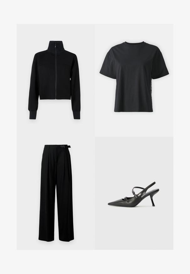 Crna skraćena jakna na patentni zatvarač od mekog materijala. Ima visoki ovratnik i duge rukave s rebrastim manžetama. Šavni detalj preko prsa.; Crna pamučna majica kratkih rukava s opuštenim krojem i kontrastnim bočnim panelom koji sadrži sitan tekst i detalje dizajna.; Crne široke hlače s visokim strukom, nabranima sprijeda i remenom s kopčom. Izrađene od glatkog, laganog materijala.; Crne kožne štikle sa otvorenom petom, s uskim vrhom i dekorativnom kopčom na gornjem dijelu. Glatka tekstura i elegantan dizajn.